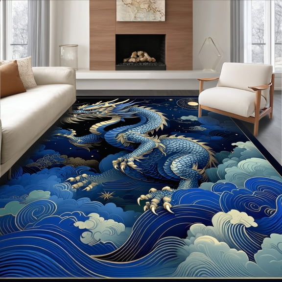 Flatwoven High Traffic Area Rug, Magical Fantasy Dragon Motif, Non Slip, Stain Resistant, Washable Area Rugs for Living Room, Bedroom(Blue, 4X6)