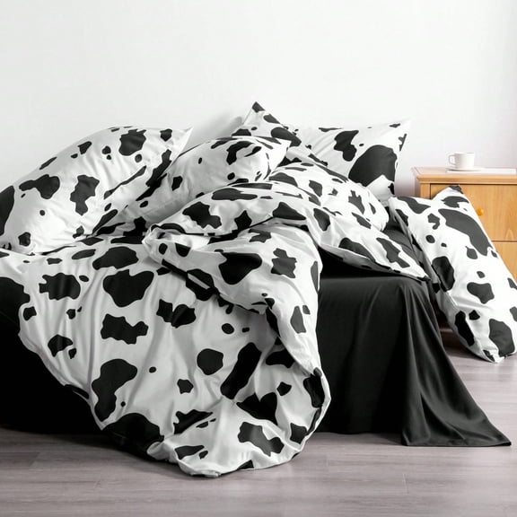 Cow print queen size bedding set with comforter and sheets, black and white geometric pattern, all-season comforter