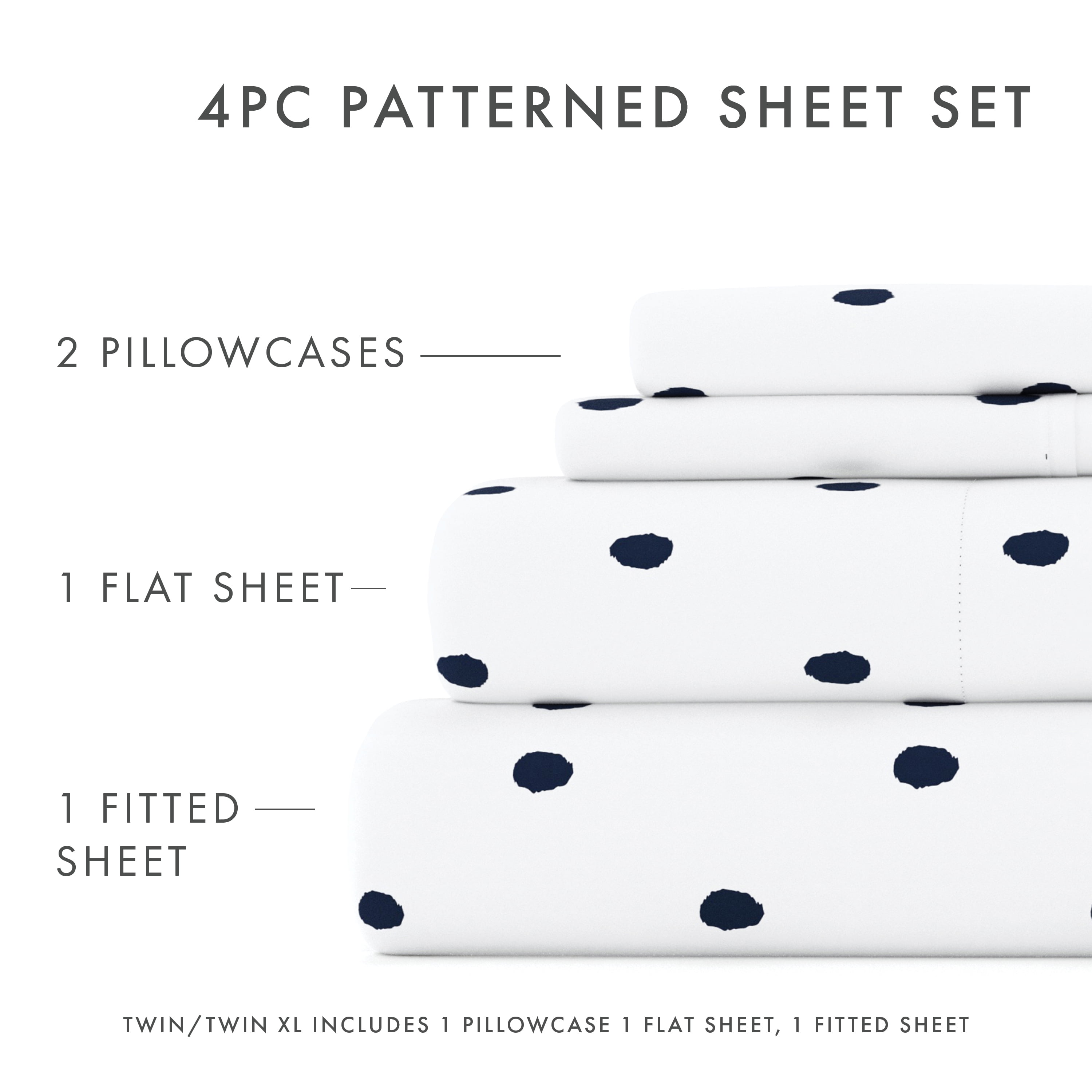 Noble Linens 4 Piece Pattern Microfiber Bed Sheets Set, Navy Dots, King