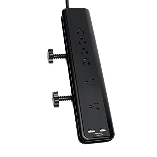 Uninex PS109 Clamp Mount 6-Outlet Workshop Power Strip with 2 USB Charging Ports, Screw-On, 6-Foot