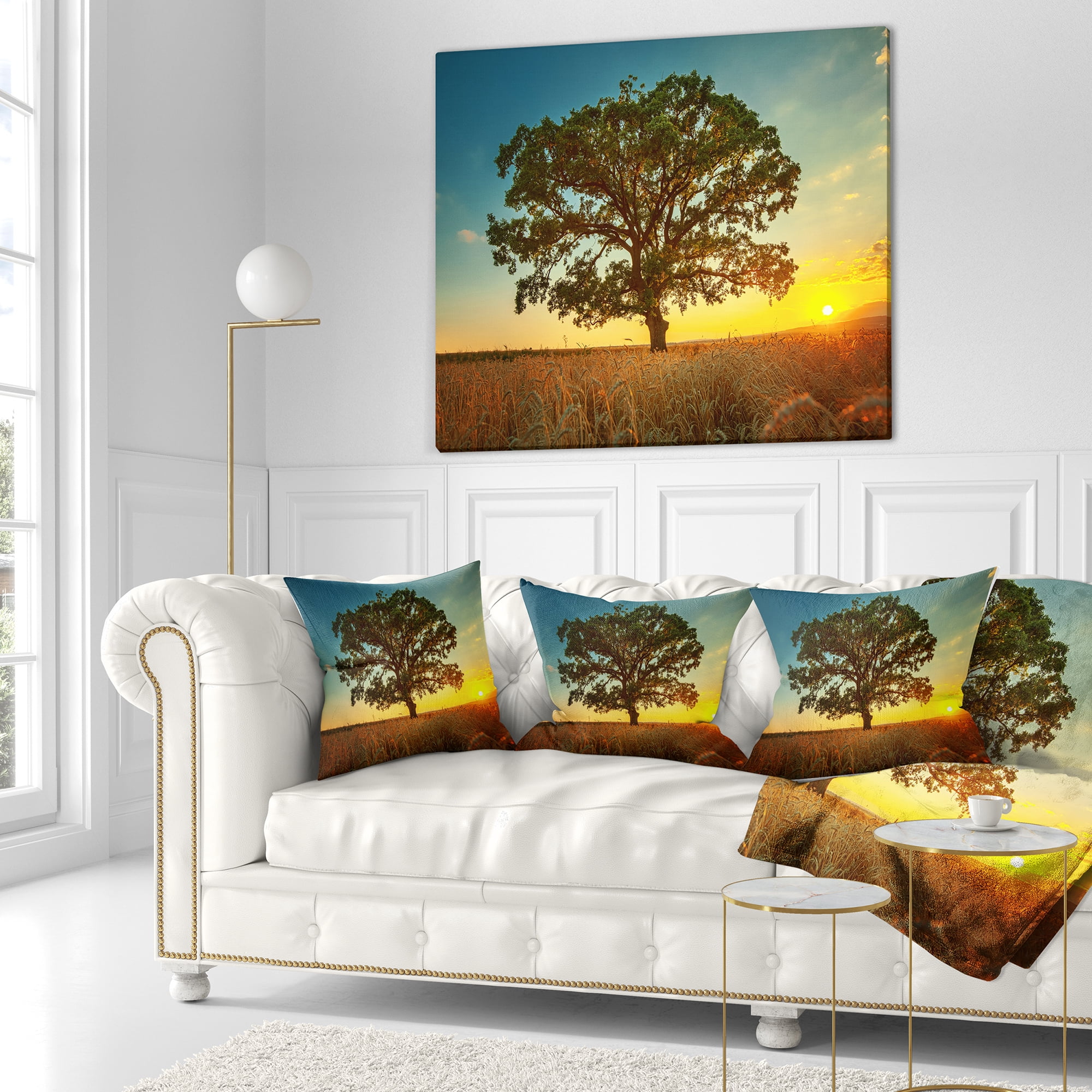 Designart Big Green Tree in Summer Field - Trees Throw Pillow - 18x18