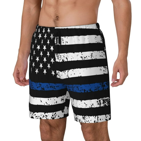 Rateoe Thin Blue Line Flag Pattern Men’s Swim Shorts with Compression Liner – Double-Layered Quick-Dry Swimwear, Comfortable & Stretchy Beach Shorts-Small