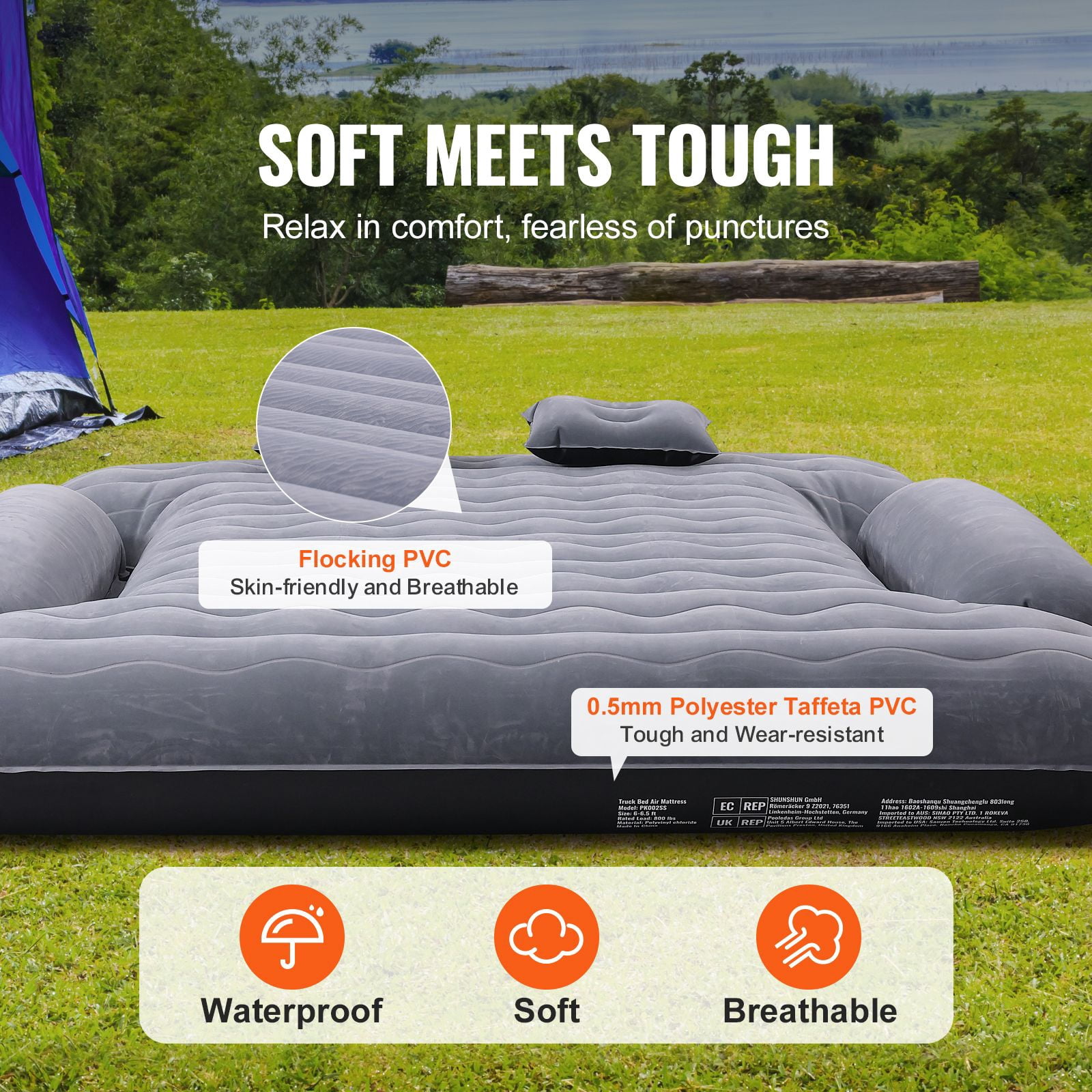 6-6 Truck Bed Air Mattress, 800LBS Load Capacity, Inflatable Air Mattress Camping Bed with 12V Air Pump 2 Pillows, Ford 150/250/350, for home office apartment bedroom and small space use