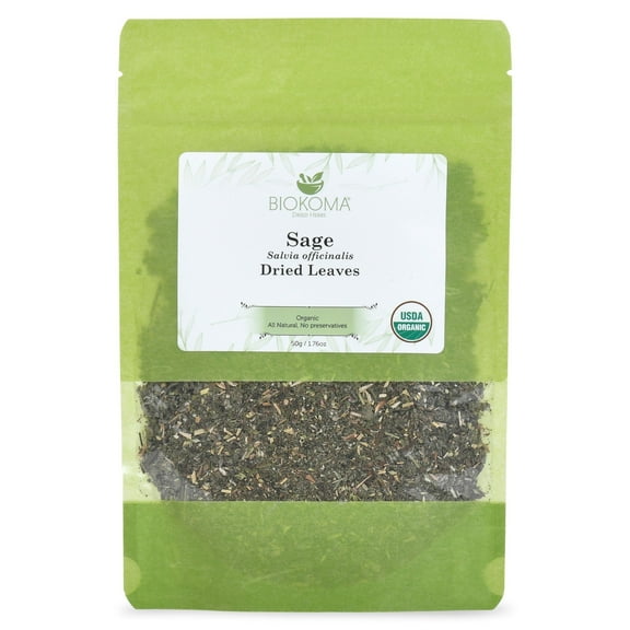 Biokoma Pure and Organic Sage Dried Leaves 50g (1.76oz) In Resealable Moisture Proof Pouch, USDA Certified Organic - Herbal Tea, No Additives, No Preservatives, No GMO, Kosher