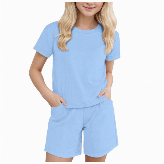 Hessimy Toddler Boy Cotton Cartoon Print Short Sleeve Tshirt and Short Set(Sky Blue,8-9 Years)