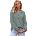thumbnail image 4 of TEMOFON Hoodies for Women Long Sleeve Waffle Pullover Sweatshirts Casual V Neck Comfy Hoody Fall Ladies Trendy Light Green Button Tops XL, 4 of 5
