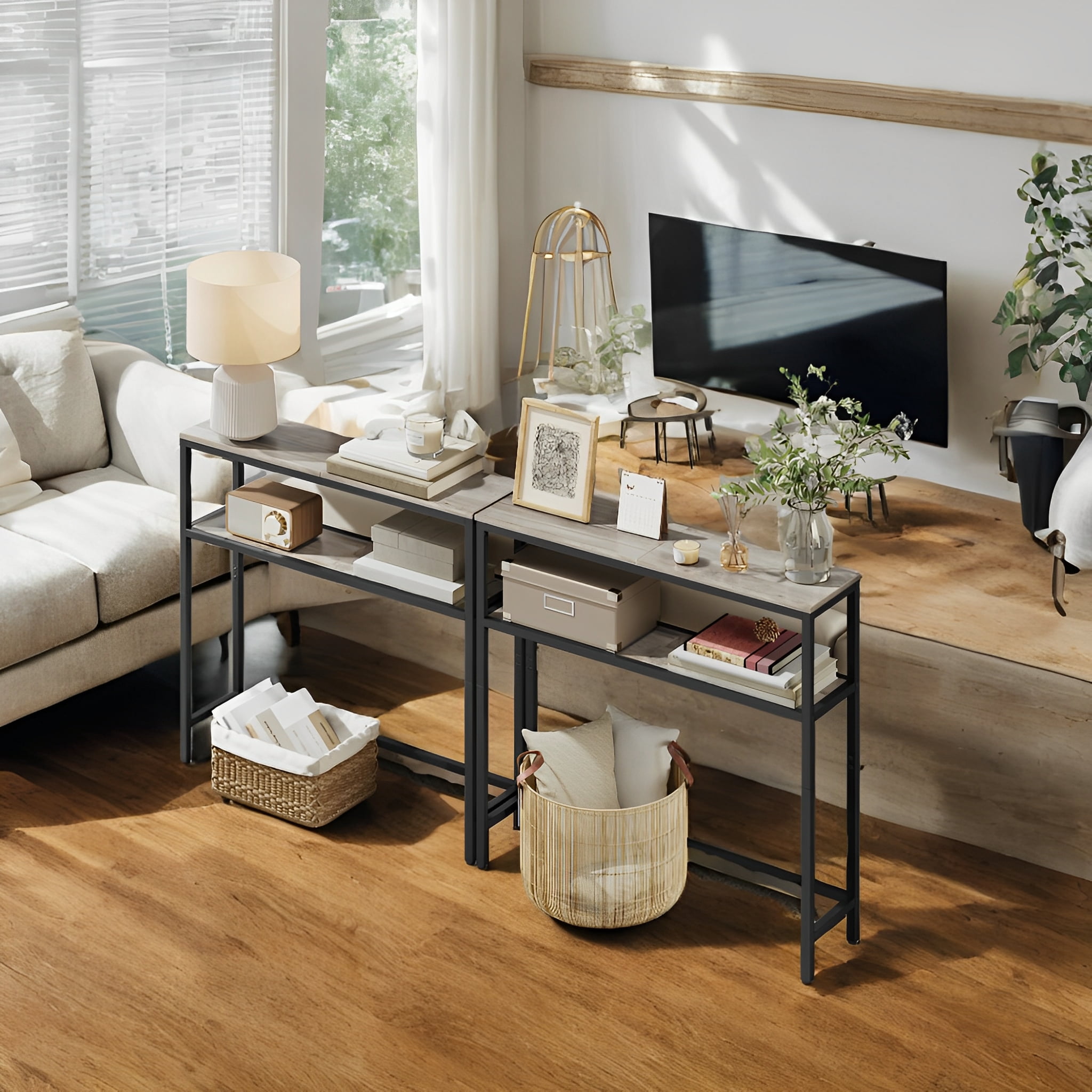 LEDREM 31.5" Modern Console Table, 2-Tier Narrow Sofa Table with Adjustable Feet, Entryway Shelf, Heather Greige and Black