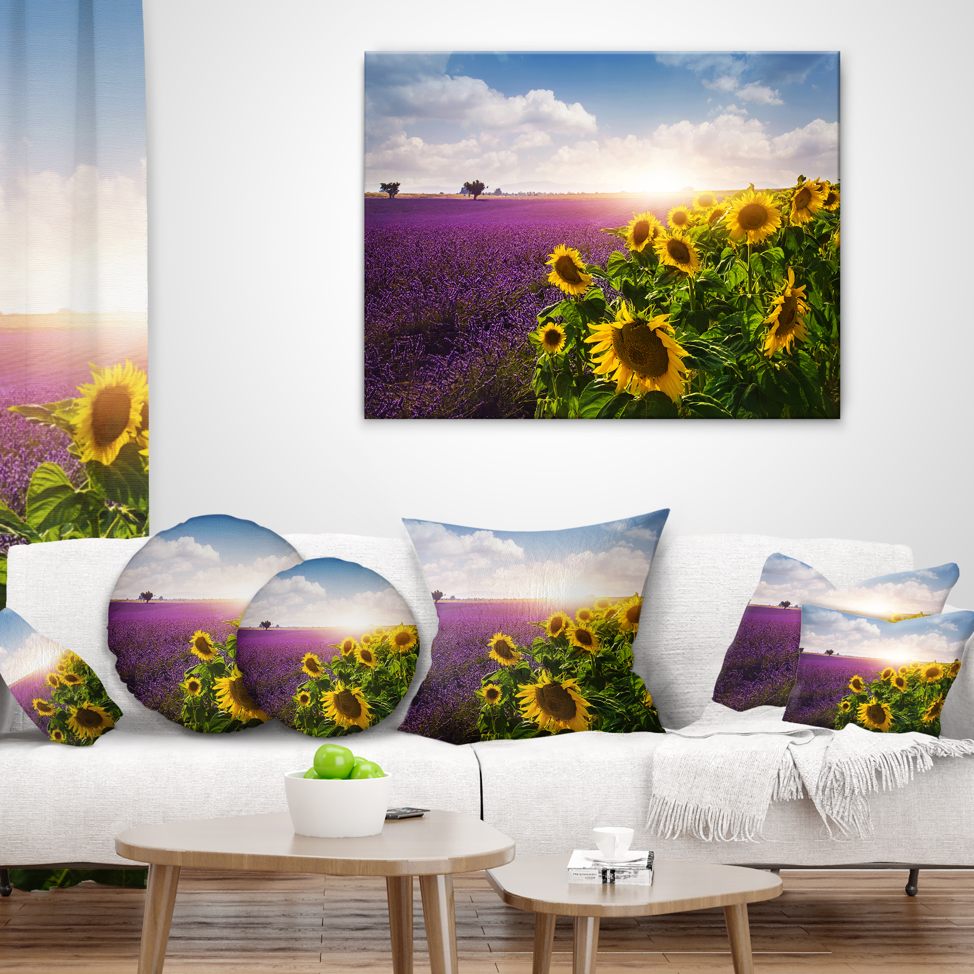 Designart Lavender and Sunflower Fields - Floral Throw Pillow - 18x18