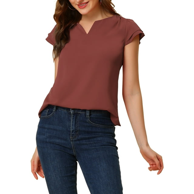 INSPIRE CHIC Women's Solid V Neck Cap Short Sleeves Work Blouse XS Brick Red