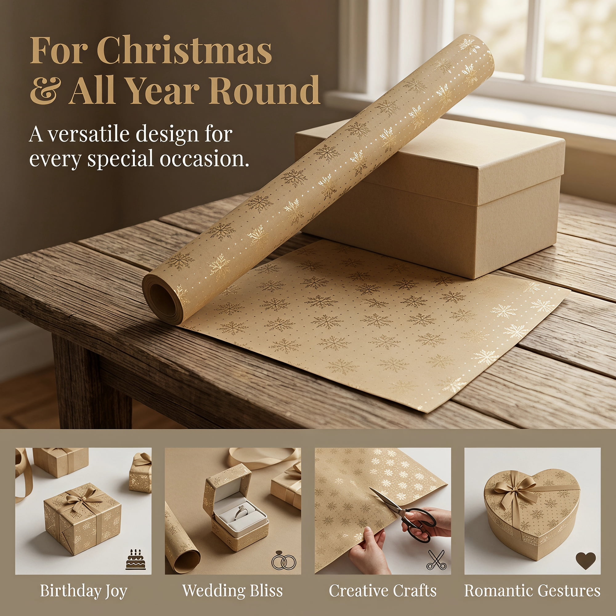 Unique Bargains Heavyweight Christmas Wrapping Paper for Gifts Snowflake Gold 27.6"x 19.7"