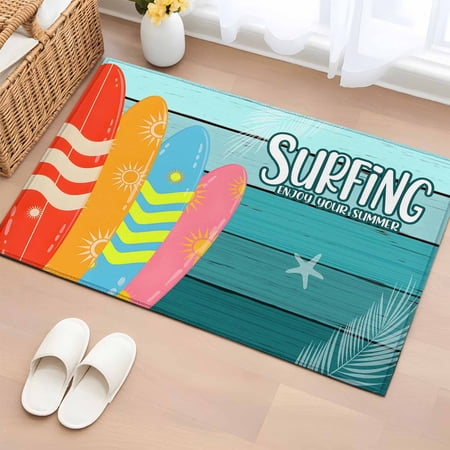 Surfboard Bathroom Mats 2x3 FT Non Slip Small Kitchen Mat Summer Starfish Palm Leaf Wood Grain Blue Washable Soft Backed Front Door Throw Rugs Non-Shedding Indoor Outdoor Doormat for Entryway Sink