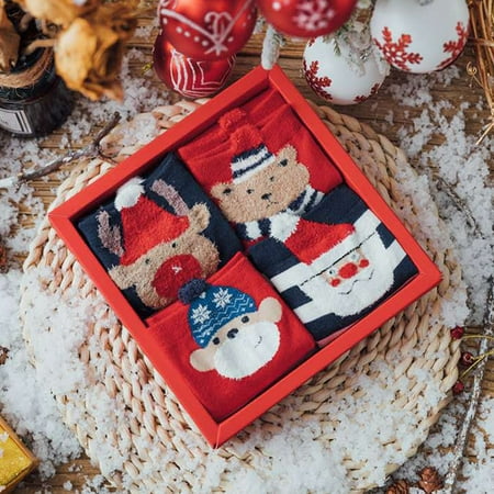 

VERMON Xmas Mid Tube Socks 4 Pairs Keep Warm Cartoon Cute Fox Santa Claus Christmas Stockings