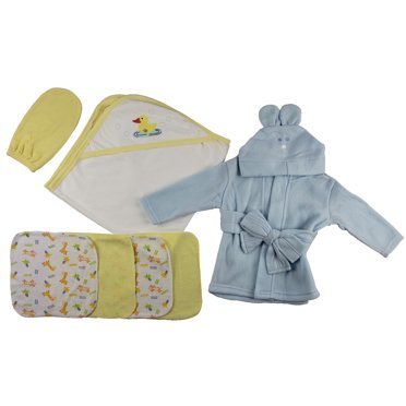 Peignoir Bleu pour Bébé, Serviette à Capuche Jaune, Débarbouillettes et Gant de Toilette - Ensemble de 7 Pcs
