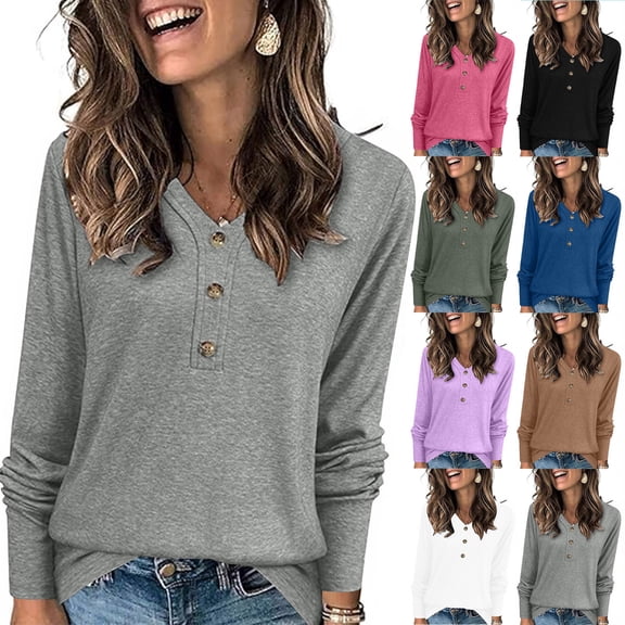 LWITHSZG Long Sleeve Henley Shirts for Women Fall Winter Fashion Solid V Neck Blouses Lightweight Pullover Sweatshirts Going Out Tops