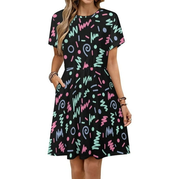 Minimal Memphis 80s Style Pattern Dress Summer Street Style Dresses Female Short Sleeve Printed Sundress