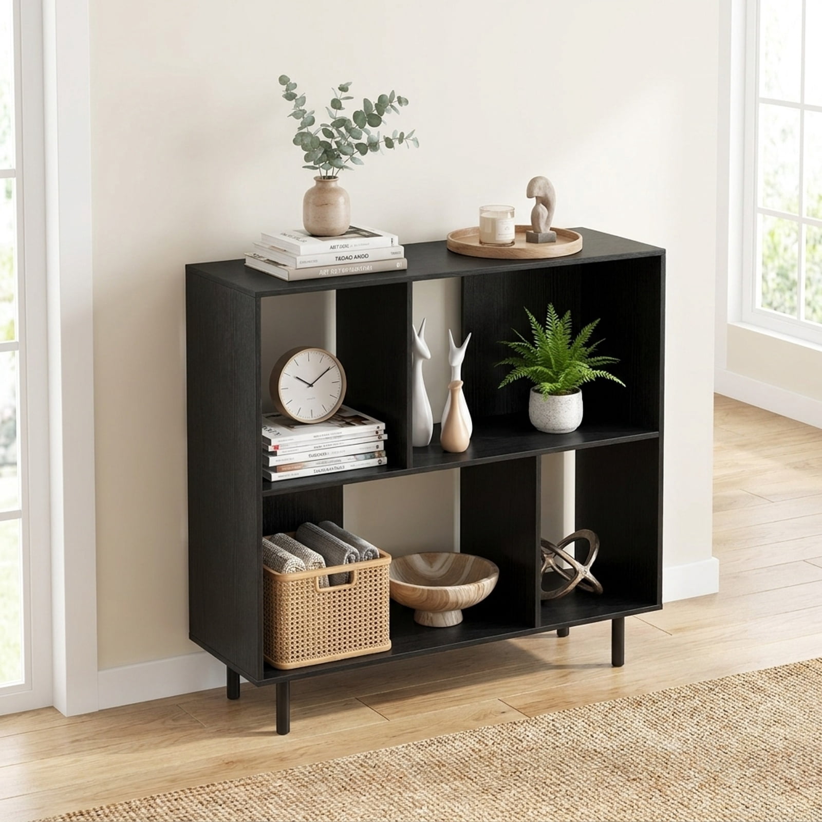 Furnibear Open Shelf Bookcase with 4 Compartments for Living Room Home Office Bedroom Display Storage Shelf, Black