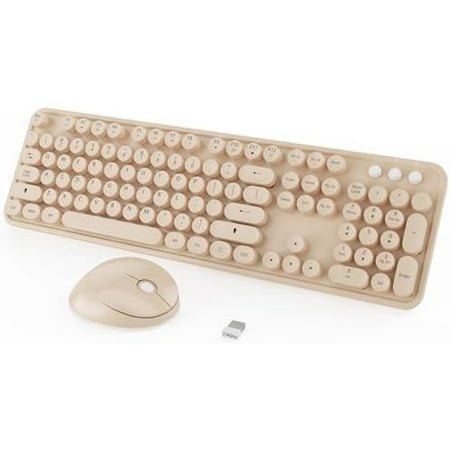Wireless Keyboard and Mouse Combo Cute Colorful 104 Keys Typewriter Retro Round Keycaps Keyboard for PC Laptop Desktop Windows Home and Office Keyboards Coffee