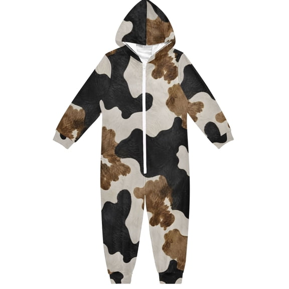 Cow Skin Boys & Girls Hooded One-Piece Pajamas Warm Crystal velvet Hooded Long Sleeve Loungewear Jumpsuit Unisex