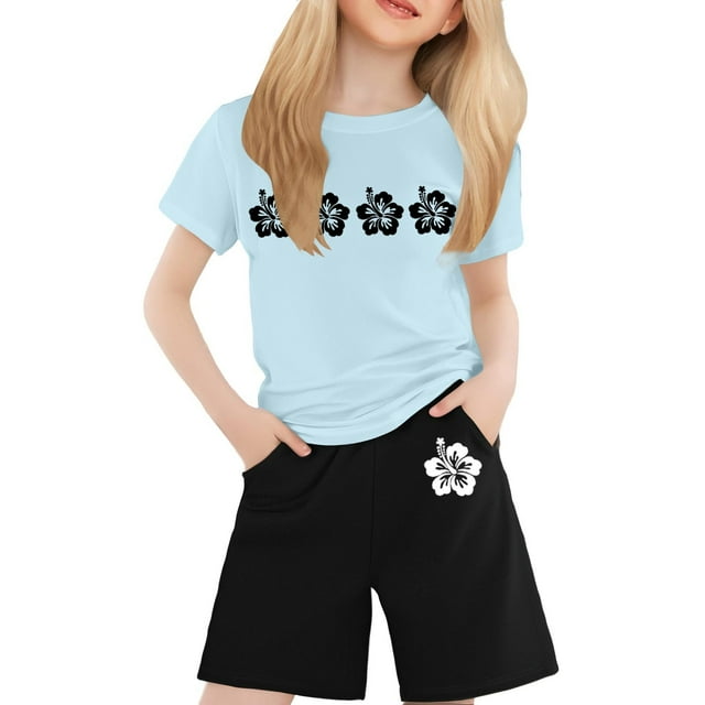 GDREDA Ensemble de Mini Pantalons pour Enfants, T-Shirt Imprimé à Col Rond et Manches Courtes pour Garçons et Filles, Bleu Clair, 2-3 Ans