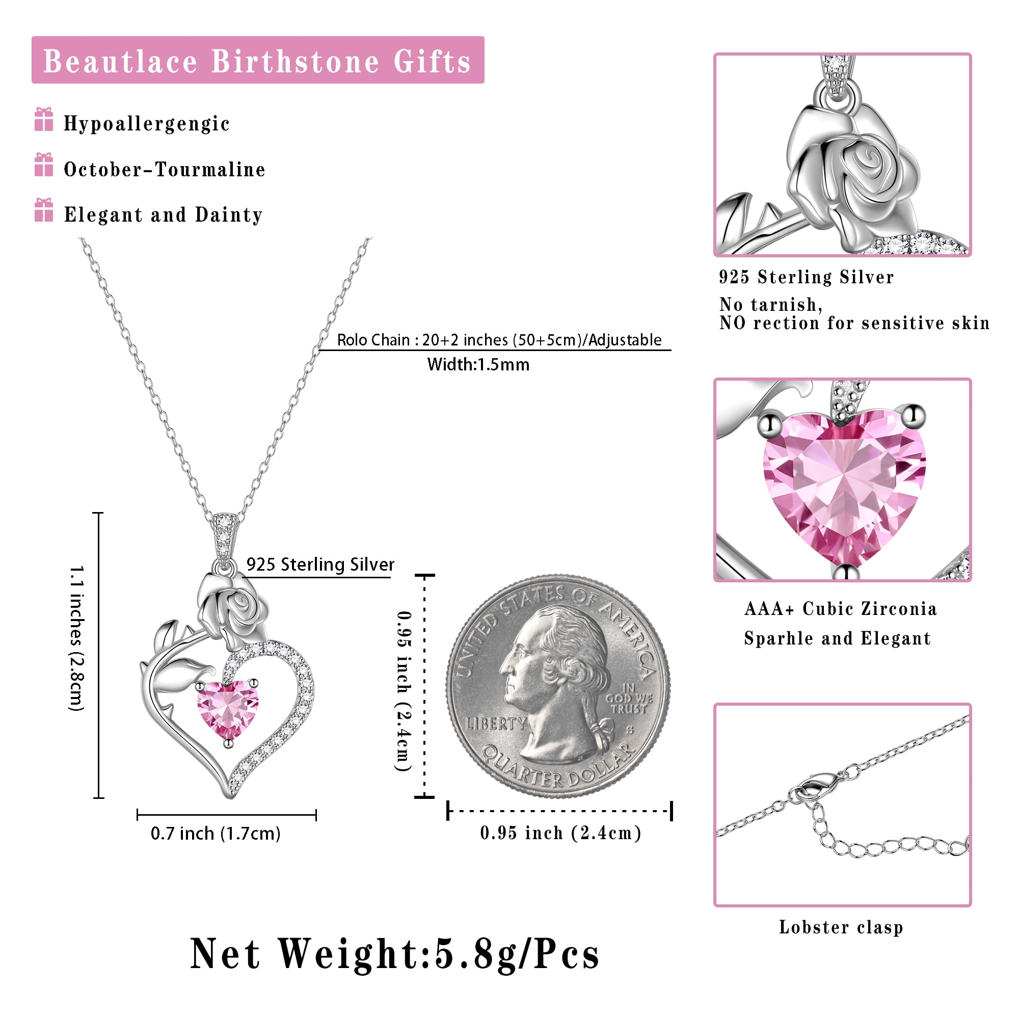 Beautlace 925 Sterling Silver Birthstone Necklace Rose Flower Heart Pendant Jewelry Christmas Valentines Mother's Day Gifts for Women Mom Wife/Lover