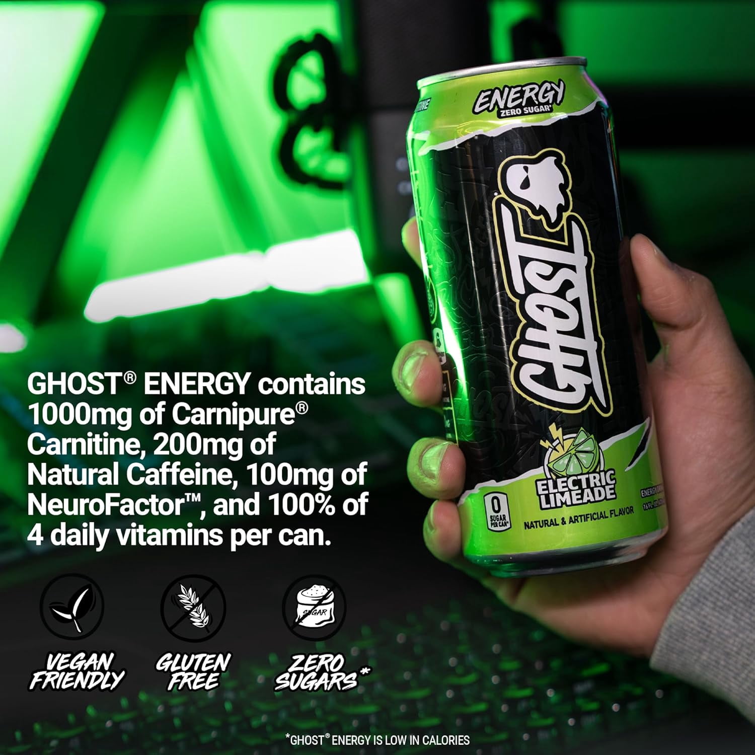 GHOST® ENERGY Zero Sugars Energy Drink, Electric Limeade, 200mg Natural Caffeine, 16 fl oz Can
