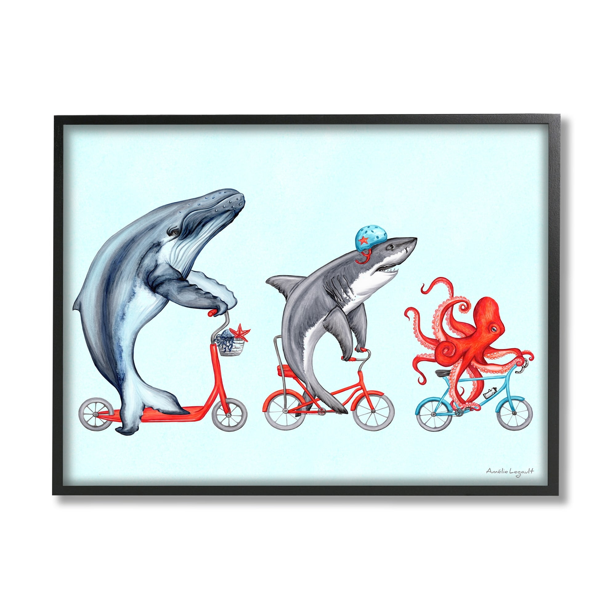 Stupell Industries Aquatic Sea Life Animals Riding Bikes Red Accent Graphic Art White Framed Art Print Wall Art, Design by Amelie Legault