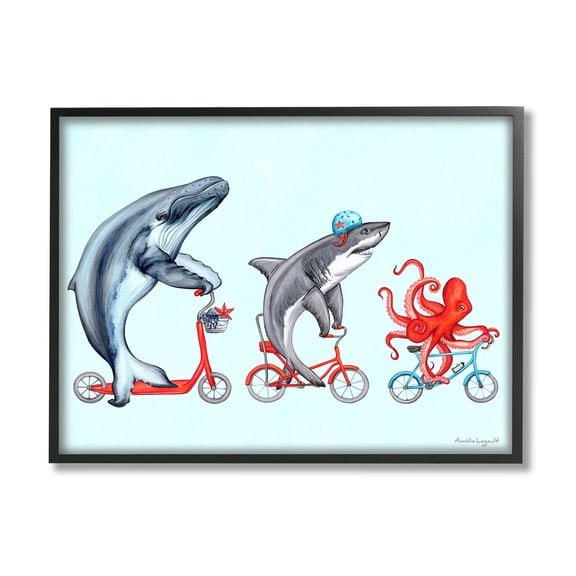 Stupell Industries Aquatic Sea Life Animals Riding Bikes Red Accent Graphic Art Black Framed Art Print Wall Art, Design by Amelie Legault