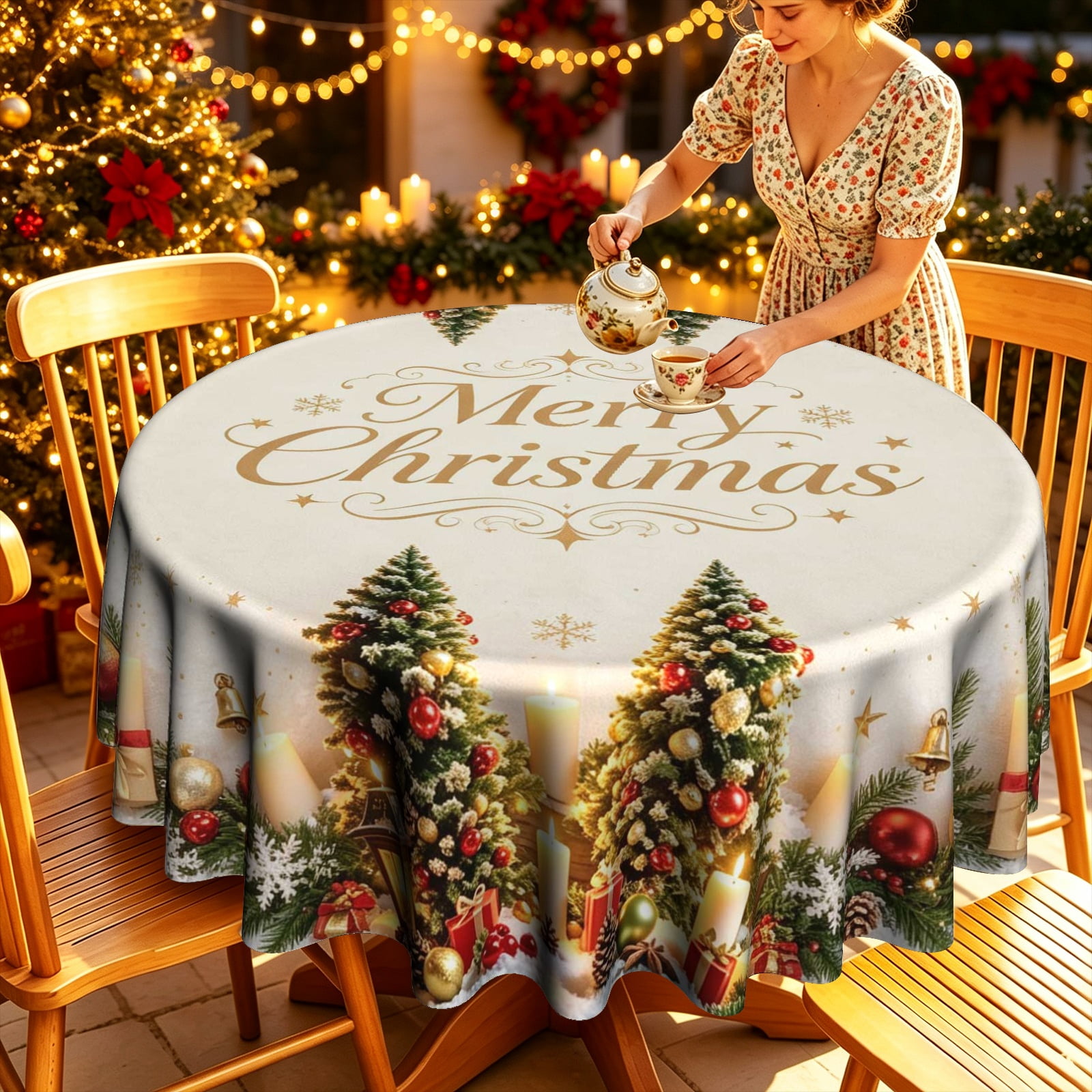 Xmas Tree Candle Gift Print Polyester Round Tablecloth Multi Size Tabletop Holiday Decor