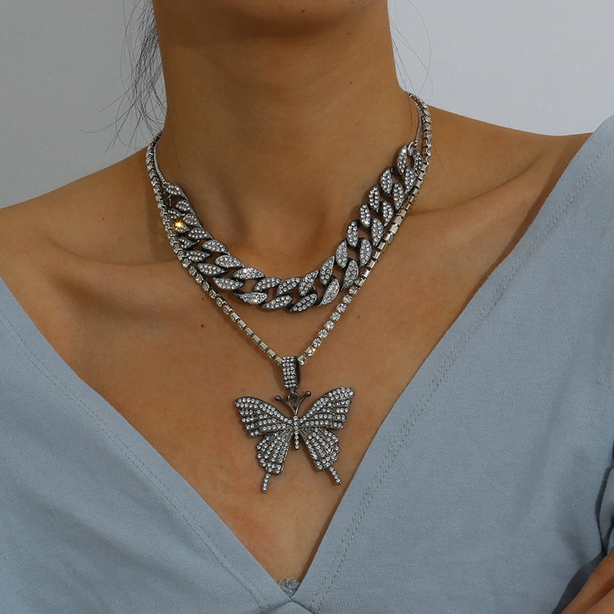 Cuban Chain Butterfly Necklace for Women Ice Crystal Zircon Butterfly Pendant Hip Hop Necklace for Ladies Girls Metal Rhinestone Walmart