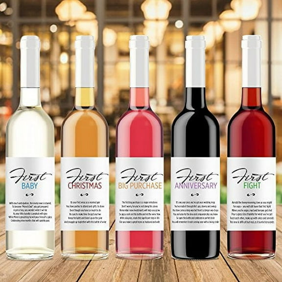 "FIRST" Wine Bottle Labels for Wedding Gift, Celebrating Married Moment Firsts (5 pack)