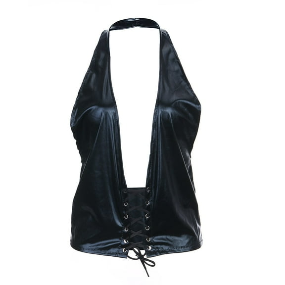 Women's Adjustable Spaghetti PU Leather Bustier Crop Tube Top Rave Dance Cutout Cami Tank Tops Valentines Day Gifts