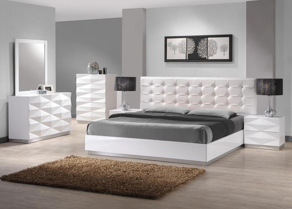 Modern White Lacquer Premium Leather, King Size Bed Set
