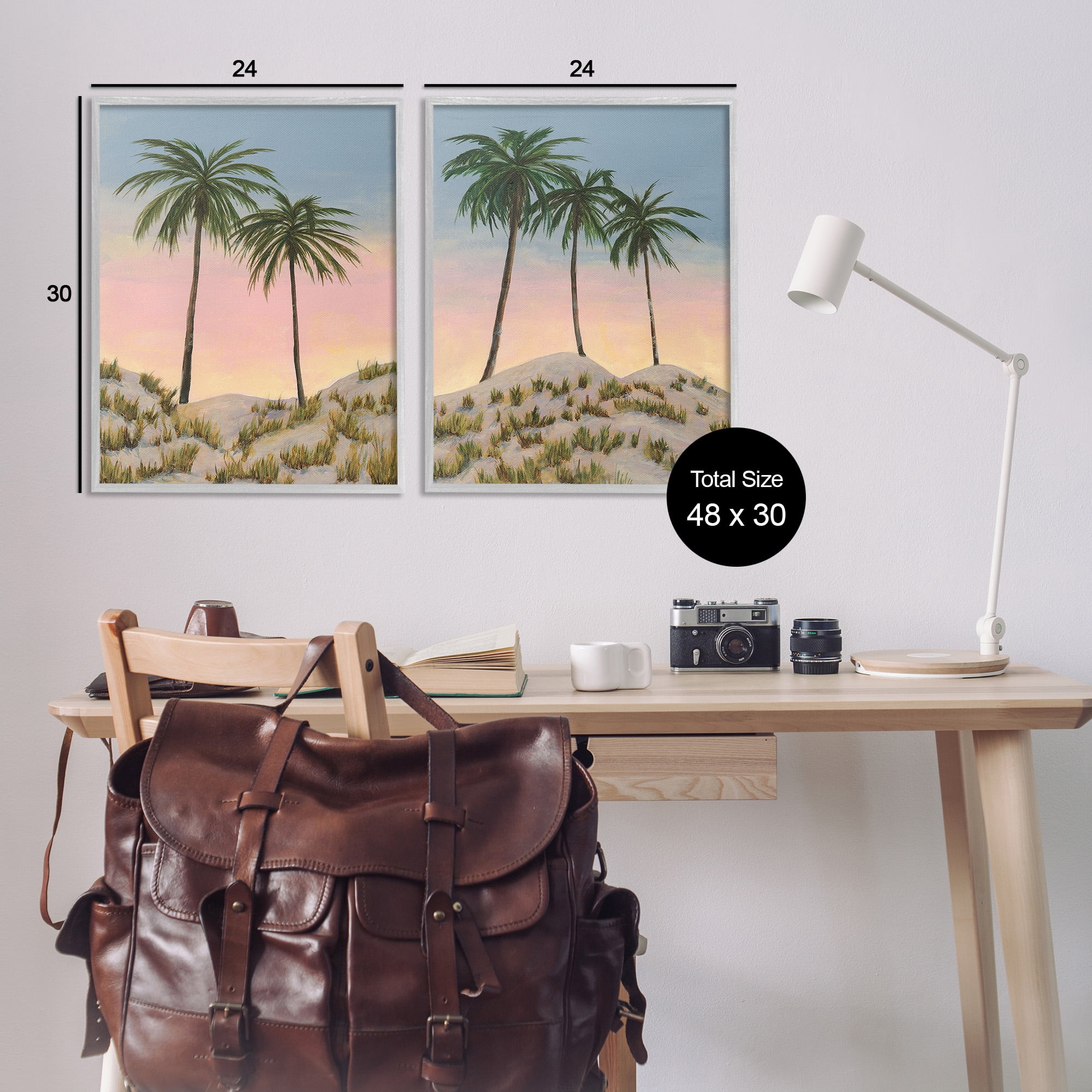 Stupell Industries Sunrise Tropical Scene Landscape Painting Gray Framed Art Print Wall Art, 24 x 30, Set of 2