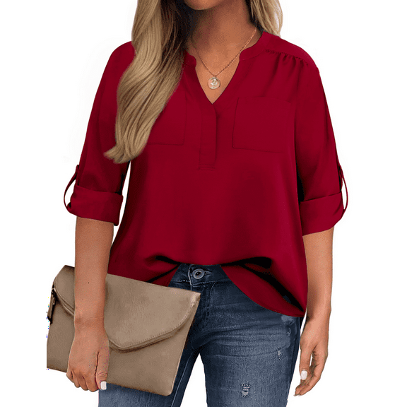 WellSize 3/4 Roll Sleeve Work Shirts for Women Plus Size Tunic Tops Flowy V Neck Button Down Blouses with Pockets