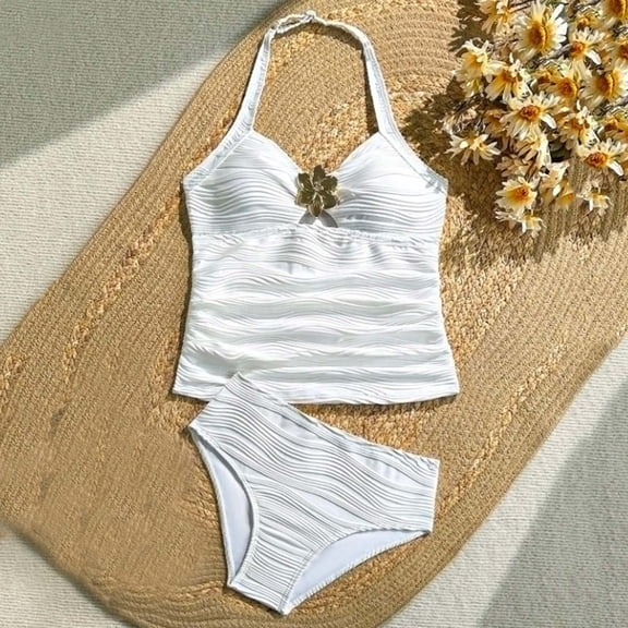 Babcutegg Girls Two-Piece Printed Swimsuit Set – White Wavy Pattern Top and Matching Bottom with Floral Embellishments for Summer Swimwear White Size 9
