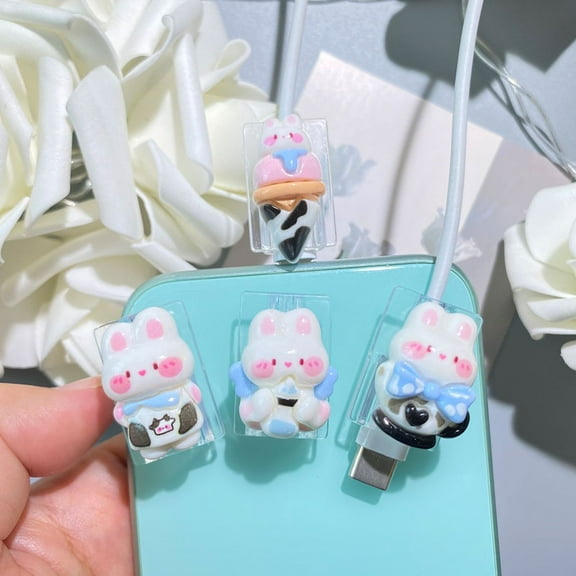 Cable Protector for iPhone Type-c Charger,Cute Lovely Cartoon 3D Design 4 PCS Set Silicone Phone Cable Protector, Charging Cord Protector, Cable Chomper, Charger Saver for Women Girls