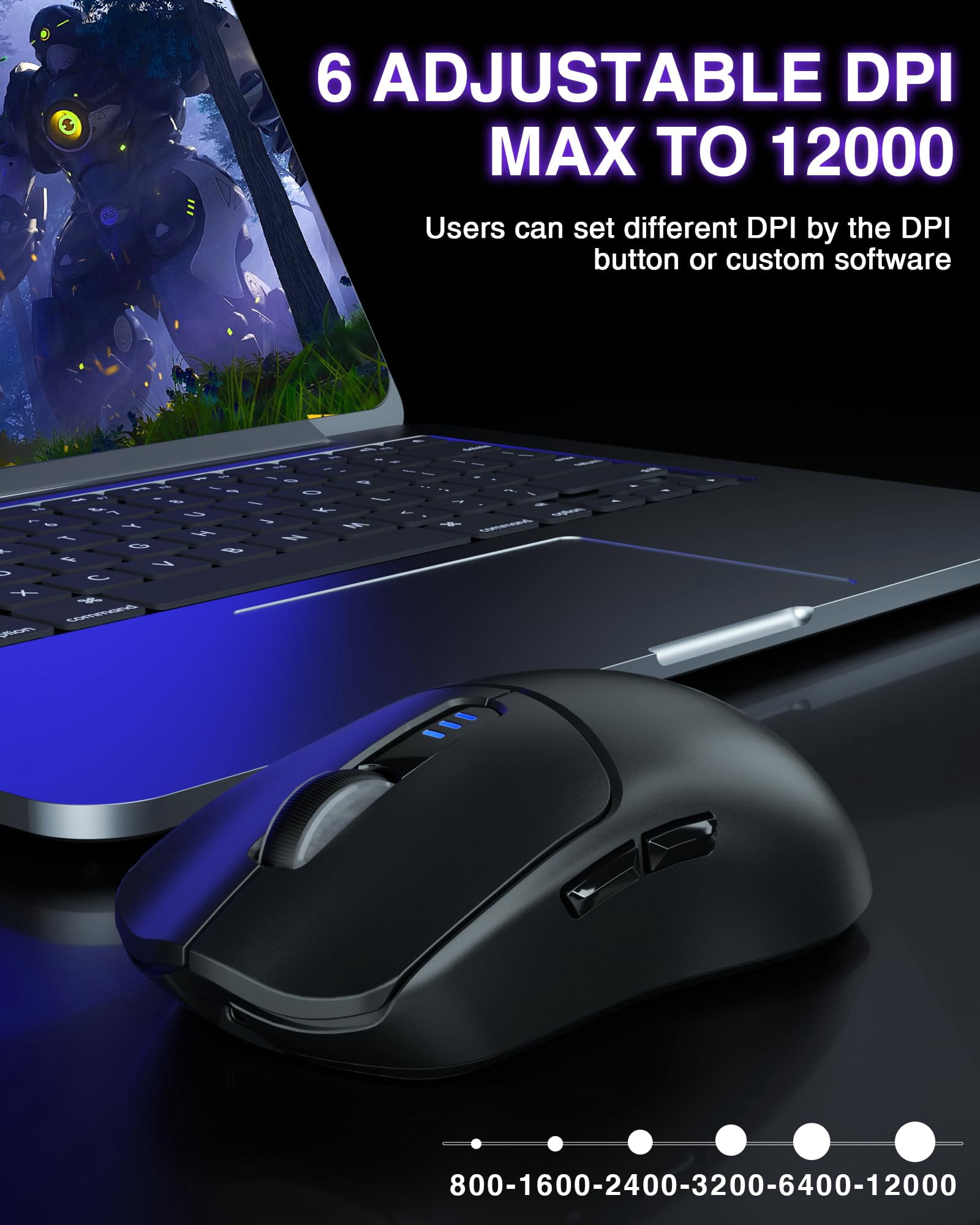 Sc580 Wireless Gaming Mouse  Tri-mode 2.4g/bt5.0/usb-c 12000 Dpi Rechargeable With 6 Buttons Computer For Laptop/pc/mac/tablet