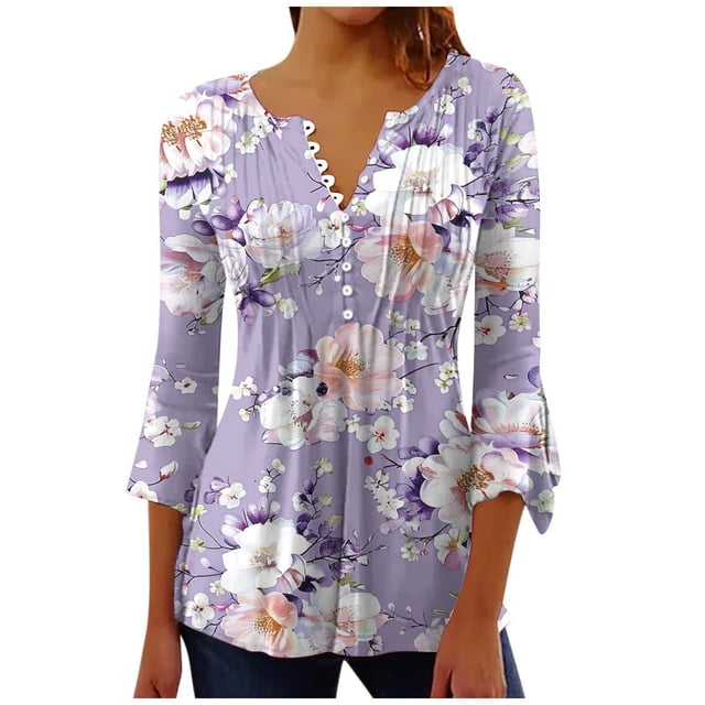 Birdeem Blouses pour Femmes T-Shirt Imprimé Mode Manches 3/4 Blouse Col en V Hauts Décontractés