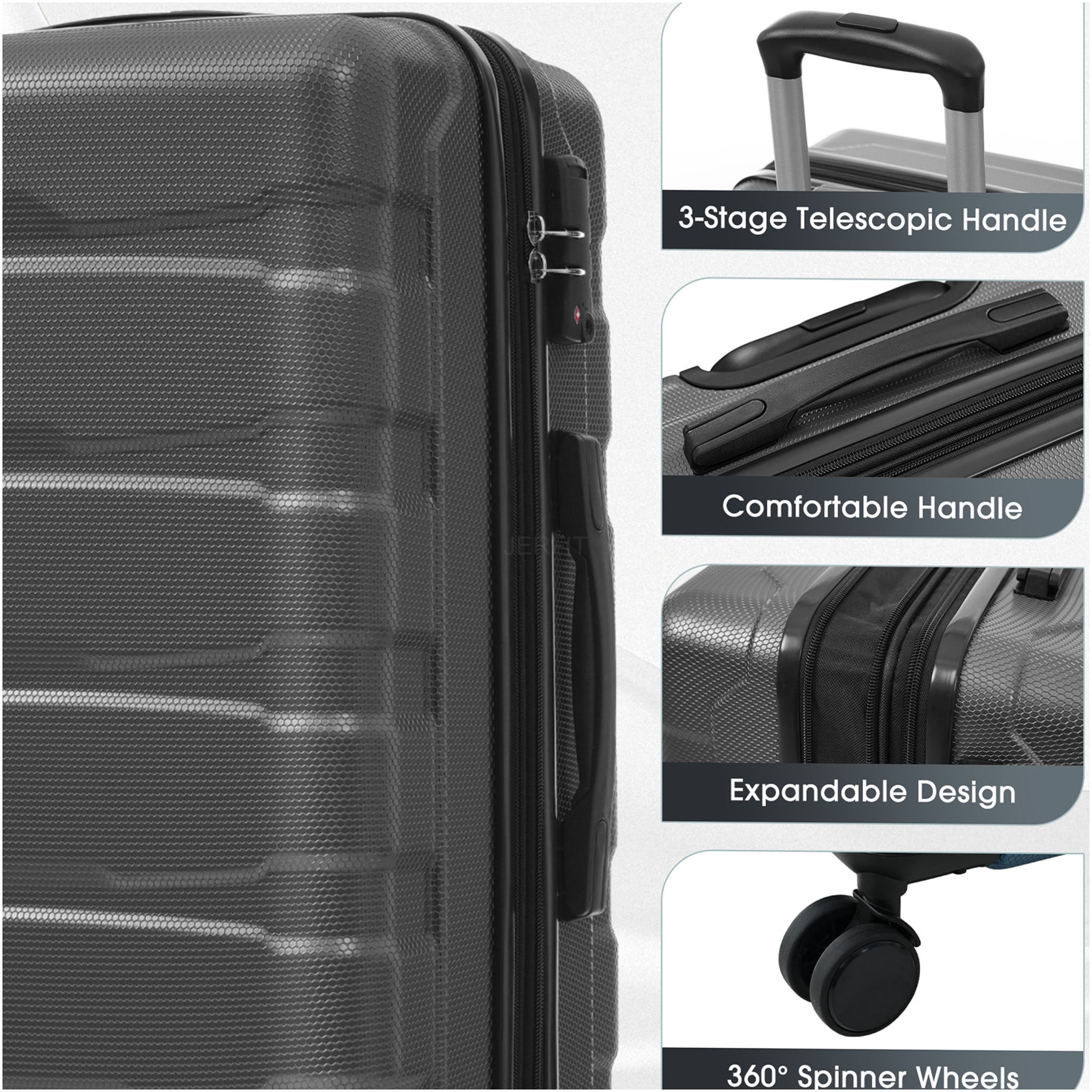 JERFIT 24 Inch Hardshell Checked Luggage with Spinner Wheels, TSA Lock, Expandable ABS Suitcase for Travel, Lightweight & Durable, Gray