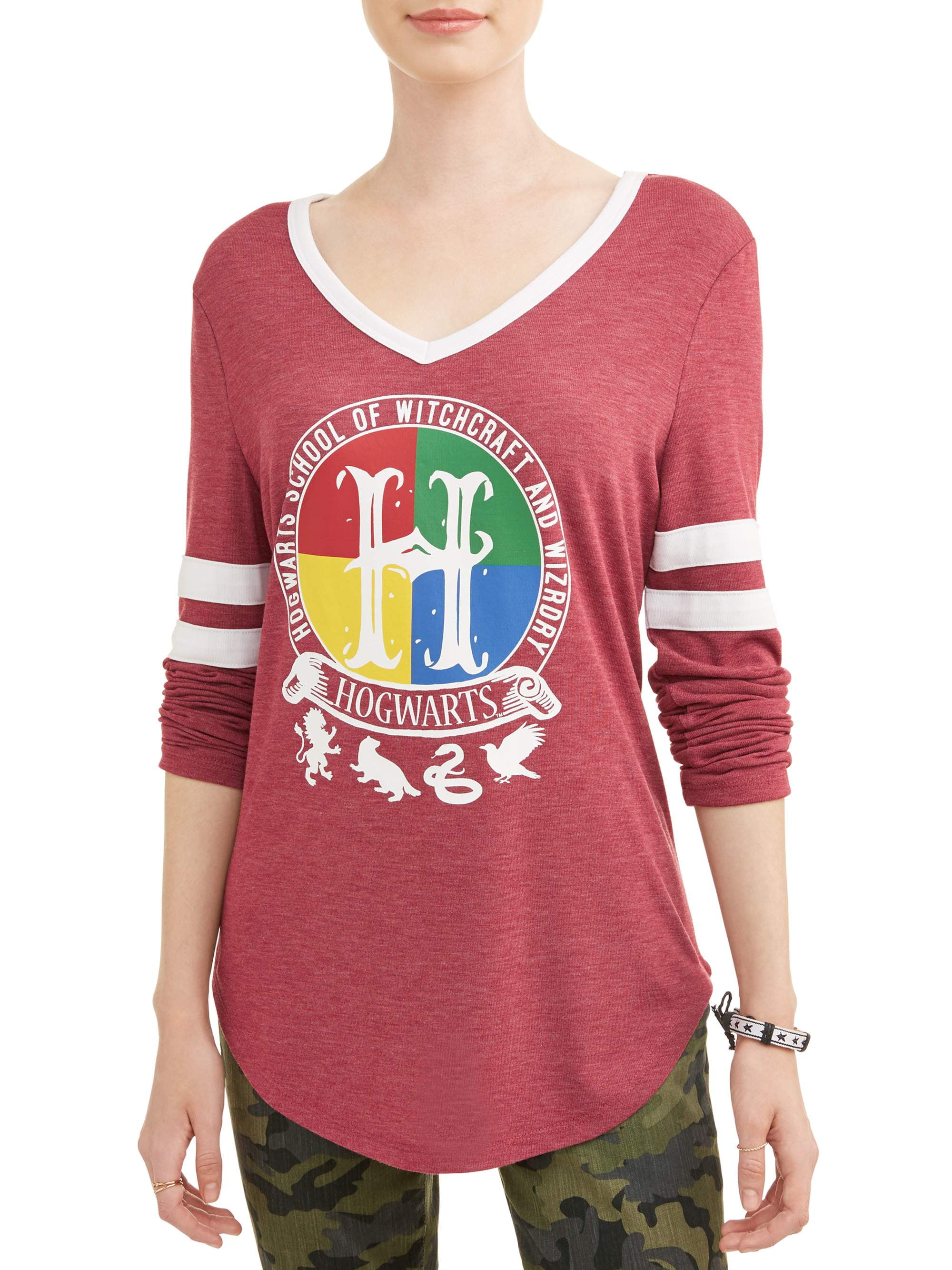 Licensed Juniors' Graphic Varsity Stripe Long Sleeve VNeck TShirt