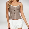 thumbnail image 2 of Daznico Womens Gingham Plaid Camisole Lace Trim Tie Strap Button Front Fitted Casual Summer Crop Tank Top,L, 2 of 4