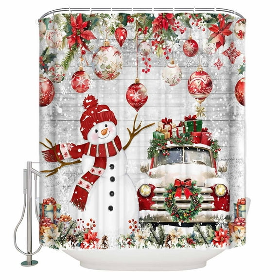 54x78 Inch Shower Curtain Decorative Vintage Grey Christmas Bathtub Bath Curtains Fabric Waterproof Bathroom Decor Snowman Truck Xmas Balls Snowflake Small Stall Shower Curtain Set with 12 Hooks