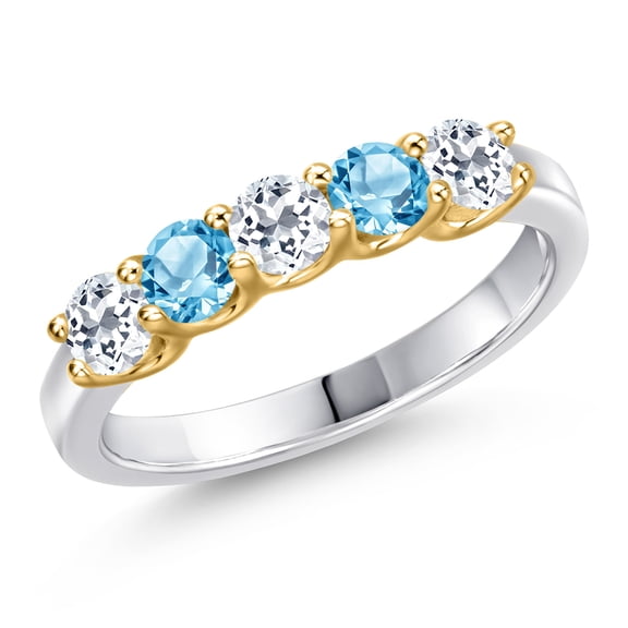 Gem Stone King 10K Two Tone Gold White Topaz and Swiss Blue Topaz Wedding-Bands Ring for Women | 1.05 Cttw | Round 3.5MM | Gemstone November Birthstone | Size 8