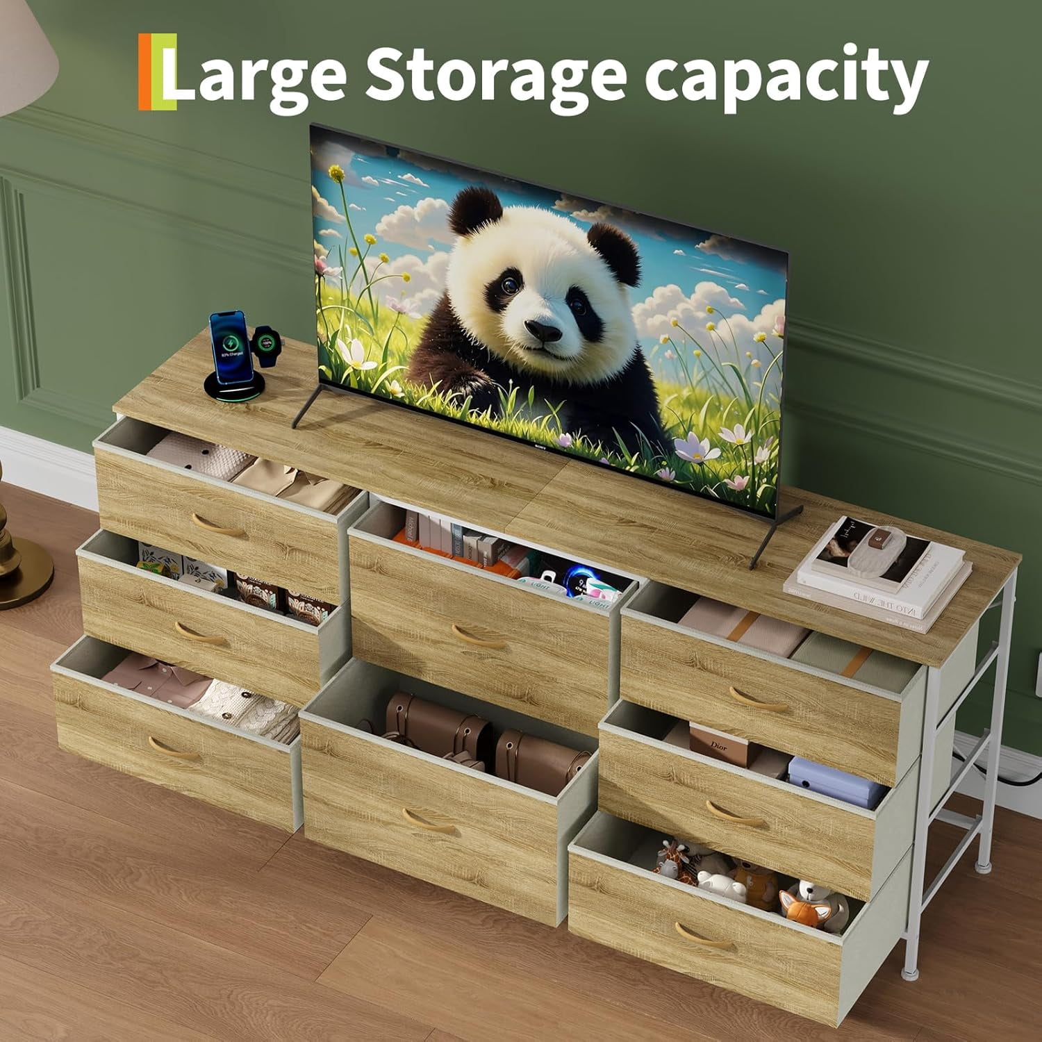 63 Inch TV Stand Dresser for Bedroom, 8 Fabric Drawers, for 65 70 75 Inch TV, Entertainment Center with Storage Media TV Console Table