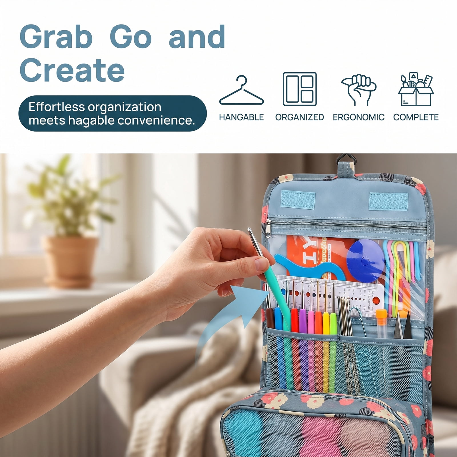 130Piece Set with Yarn,Complete Crochet Kit for Beginners,Ergonomic Hooks,and Accessories,Includes Hangable Storage Bag