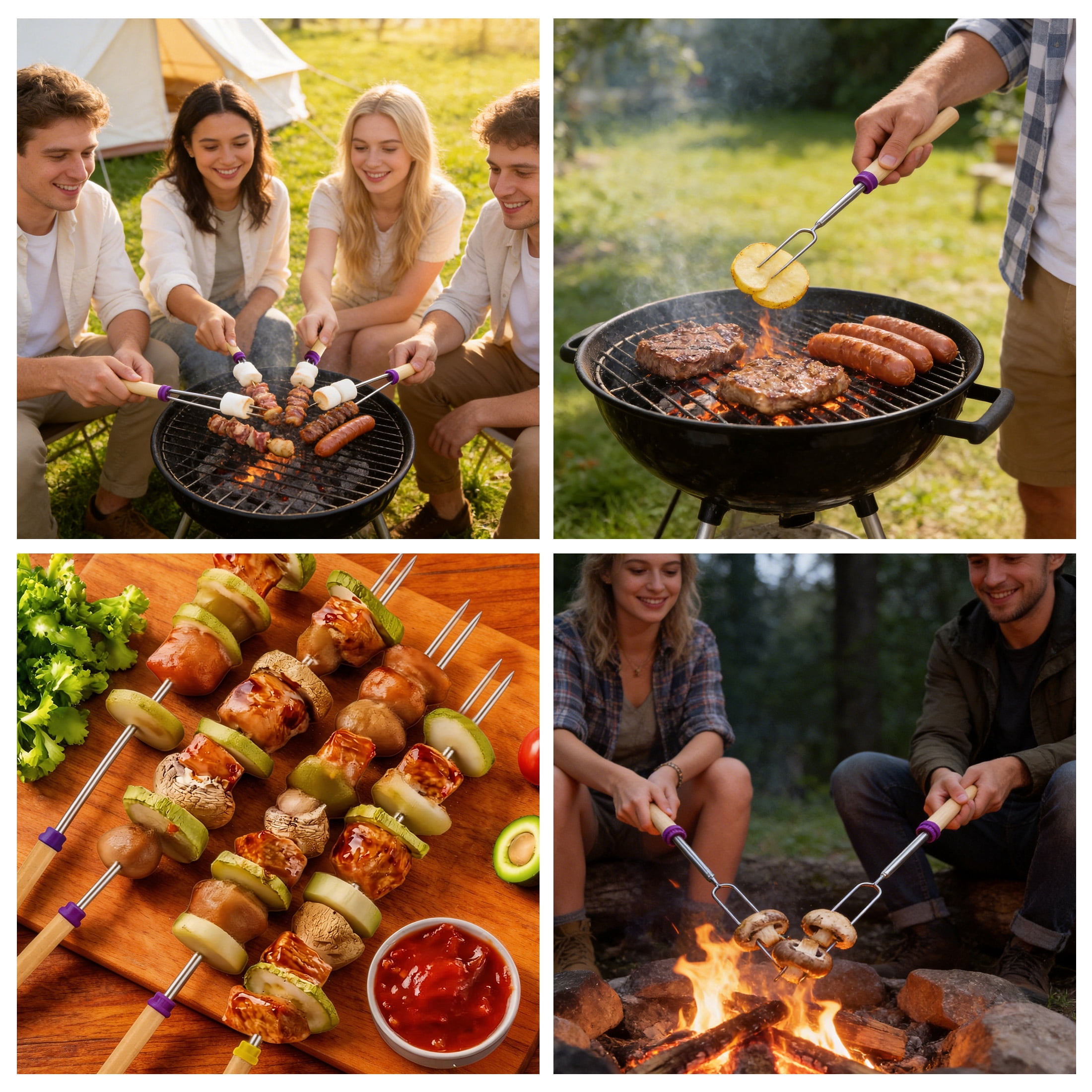8 Pack Roasting Sticks, Extendable Skewers For Grilling Stainless Steel BBQ Forks with Wooden Handle & Storage Bag, Portable Camping Cookware for Hot Dog, Marshmallow