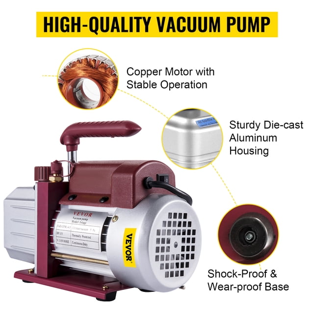 VEVOR Bomba de vacío 4.5CFM Bomba de vacío HVAC Bomba de vacío de paletas rotativas de una sola etapa 1/3HP 5PA Bomba de vacío