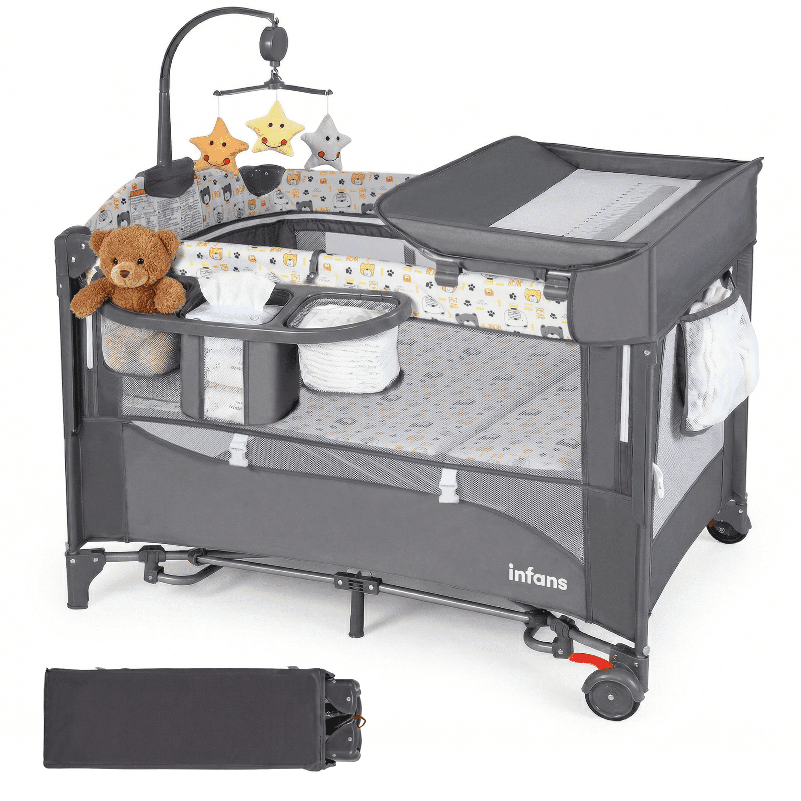 INFANS 5 in 1 Baby Bassinet with Playard, Larger Size Bedside Sleeper, Diaper Changer, Mattress for Newborn Toddlers