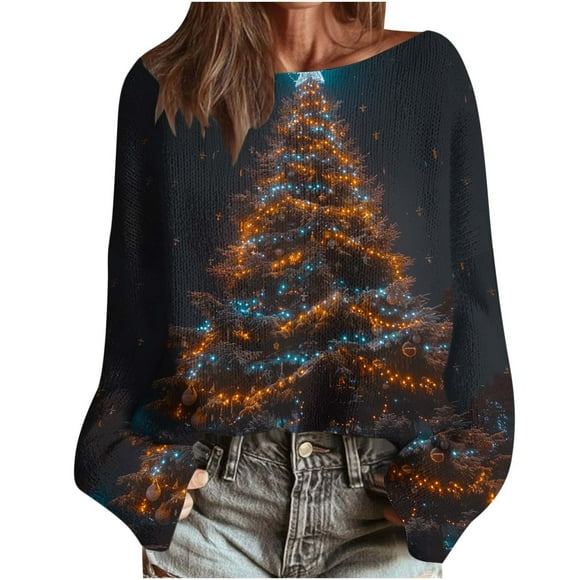 RXMEKW Christmas Graphic Knit Pullover for Women Long Sleeve Casual Sweater Round Neck Standard Thickness Black L
