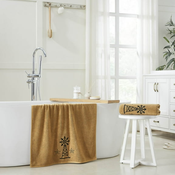 VHC Brands Black Windmill & Stars Tan Bath Towel Set of 2 27x54
